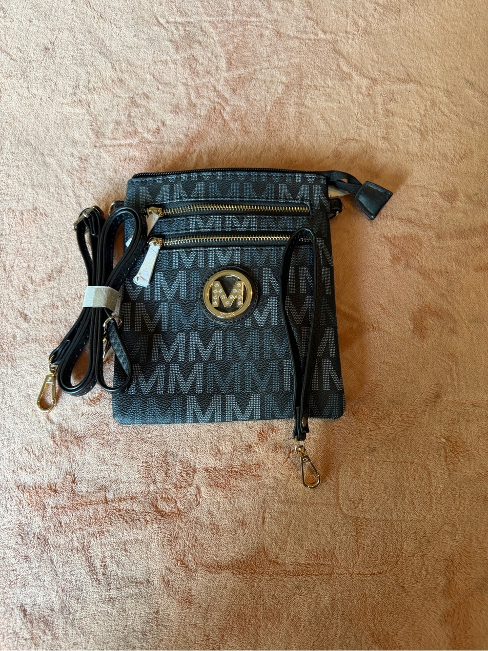 Michael Kors Black and Gray MK Logo Crossbody Bag with Gold Accent